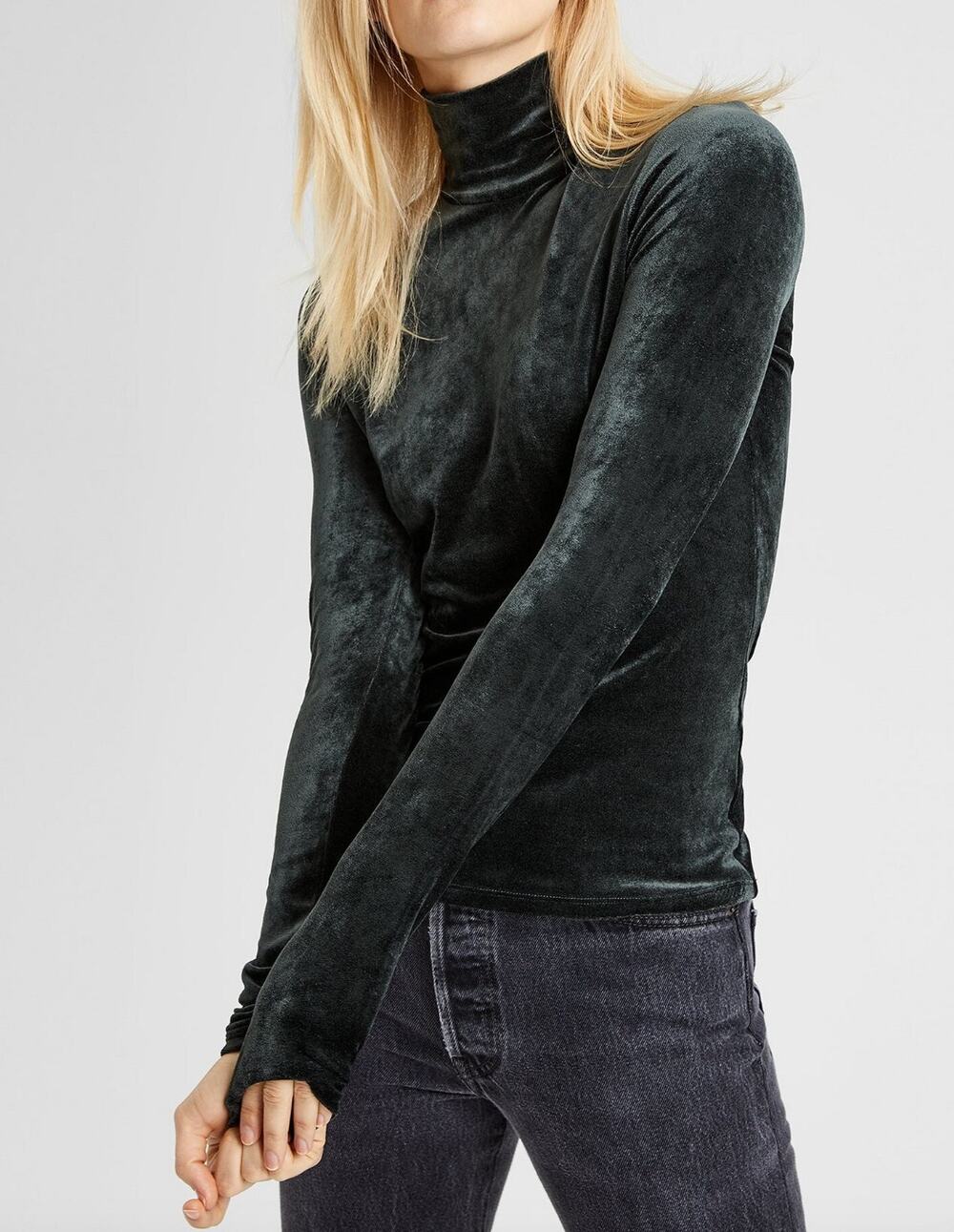 THEORY Green Velvet Turtleneck Pullover Top Long Sleeves Velvet Knit Back Zip L